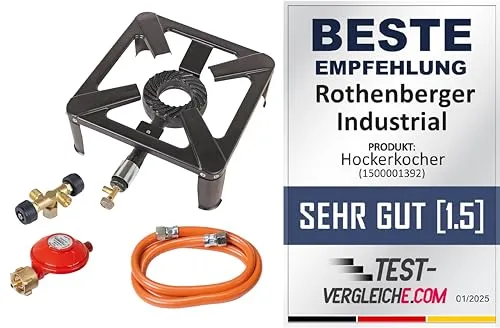ROTHENBERGER Industrial Hockerkocher inkl. 1,5 m Propan-Gas-Schlauch & Konstantregler, Doppel-Abzweigventil, Gasanzünder | Camping, Outdoor | zur Verwendung im Freien | für Propangasflasche