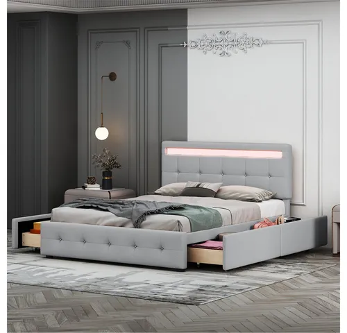 autolock Polsterbett Polsterbett mit LED, Lattenrost & Bettkasten auf Rollen, Einzelbett mit Kopfteil & 4 Schubladen, hautfreudliches Leinen