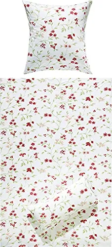 REDBEST Bettwäsche Set, Jersey 2-teilig mit Blumenmuster - Bettwäsche-Set aus 100% Baumwolle, mit floralem Design in rot-rosé, inklusive Marken-Reißverschluss für einfachen Bezugwechsel