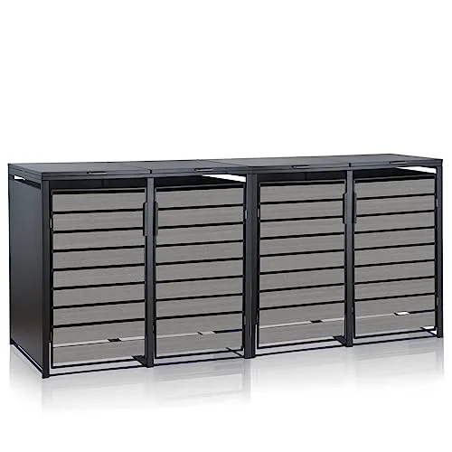 Zelsius Mülltonnenbox 4 Tonnen | Anthrazit RAL 7016 - Mülltonnenbox für 4 Tonnen (120-240 Liter), aus robustem verzinktem Stahl, mit Holzoptik-Türen und praktischen Gasdruckfedern für müheloses Öffnen.