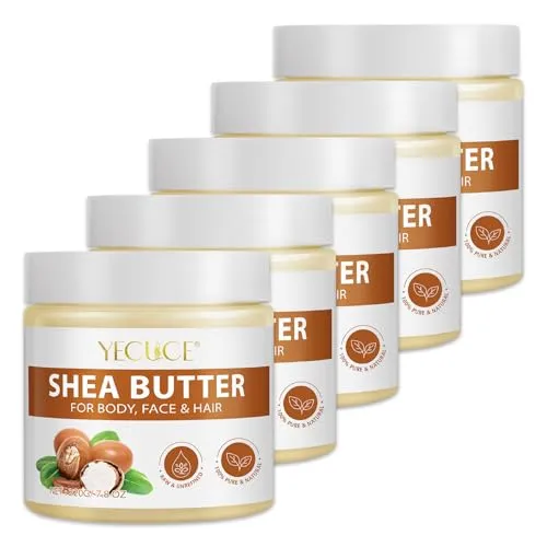 P-Beauty 100% Bio Shea Butter 5x220g - Körperbutter Vegan & Naturbelassen - Intensive Feuchtigkeitscreme für Gesicht, Körper, Haare & Nägel - Creme für Trockene Haut - Pflege, Haarpflege, Lippenpflege