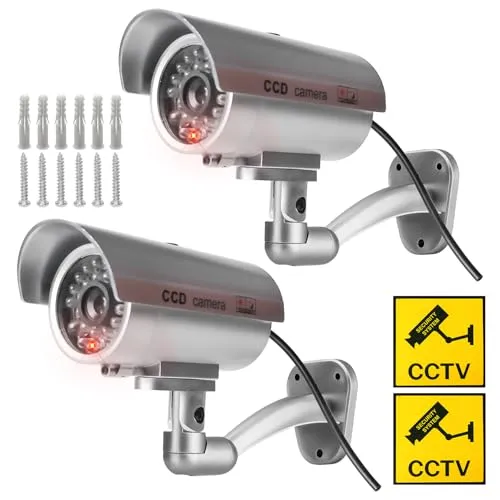 Sporgo 2 Stück Kamera Attrappe: Dummy Überwachungskamera Außen mit LED Licht Rot Blinkender, Atrappe Überwachungskamera Fake Kamera Sicherheitskamera für Innen und Außenbereich, Silber
