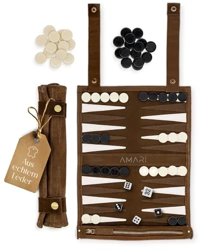 Amari ® Reise Backgammon aus 100% Leder - Backgammon für unterwegs – leicht, kompakt und aus hochwertigem Echtleder, ideal für Reisen und spannende Partien überall.