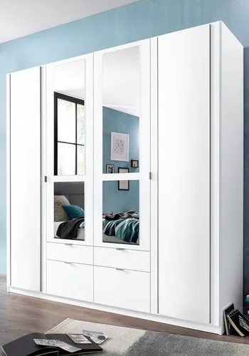 Kleiderschrank PRIESS, weiß, 185x193cm - Drehtürenschrank aus Holzwerkstoff mit gerundeten Elementen und pflegeleichter Oberfläche. Ideal für stilvolle Schlafzimmerlösungen.