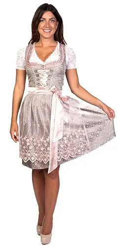 Trachtl - Midi Dirndl Alissa Trachtenkleid Dirndl Damen 2. TLG- Set Trachtenkleid in 3 Farben und Schürze (Khaki/Rosa, 36)