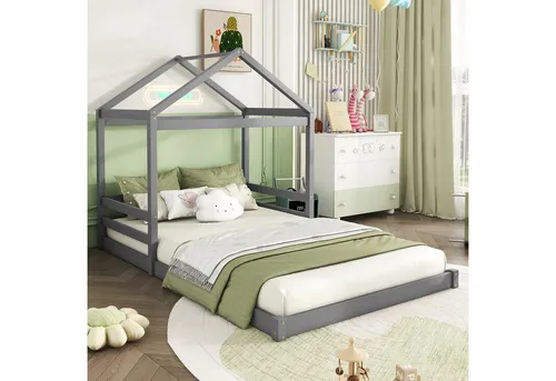Okwish Hausbett Grau aus Holz, 140x200 cm für Kinderzimmer
