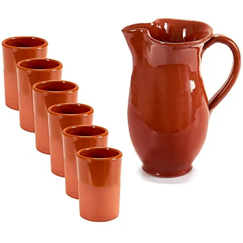 Annastore 6 x Weinbecher aus Ton - Mittelalter Trinkbecher - Wikinger-Becher - Metbecher Mittelalter (Tonkrug 1 Liter inkl. 6 Becher 250 ml)