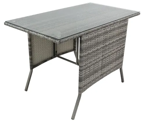 VCM Gartentisch aus Rattan mit Glasplatte - Kaffeetisch aus Rattan mit eleganter Glasplatte, höhenverstellbaren Füßen und idealen Maßen für Balkon oder Garten (H. 74 x B. 114 x T. 64 cm).