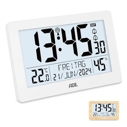 ADE Digitale XL-Funkuhr mit großen Ziffern - Uhren mit Wetterstation: Digitale Funkuhr mit extra großem LCD-Display, 2 Weckzeiten, Thermometer und Hygrometer - ideal für einfaches Ablesen und modernes Design.
