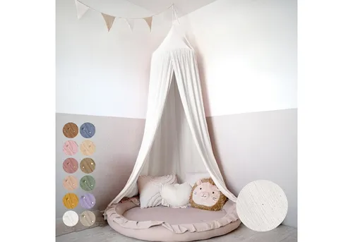 lilimaus Baldachin Kinderzimmer mit Goldapplikation - Baby Betthimmel aus 100% Baumwolle Musselin, ideal für eine gemütliche Atmosphäre im Kinderzimmer und vielseitig als Rückzugsort für Babybett oder Kuschelecke einsetzbar.