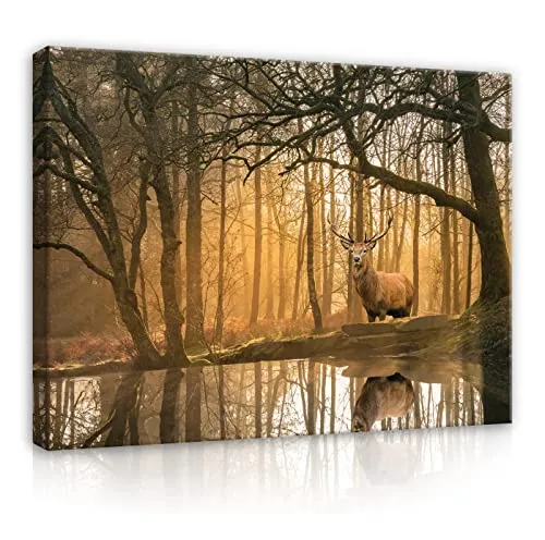 WallArena - Leinwand Bilder - Hirsch Wald Natur Beige Waldtiere Tiere - 100x75 cm Leinwandbilder - Bild auf leinwand - Wandbild XXL groß Wandbilder für Wohnzimmer Schlafzimmer Wohnzimmerbilder Modern