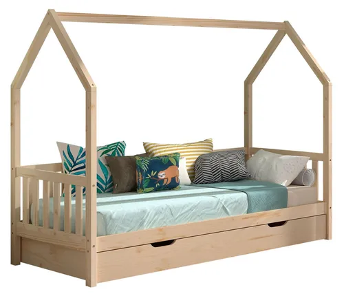 Hausbett Kandace 90x200 Kiefer massiv natur mit Dach & Schublade - Modernes Hausbett mit Dachaufbau und praktischer Bettschublade. Ideal für Kinder- und Jugendzimmer, bietet es Spielraum und Stauraum in einem attraktiven Design aus massiver Kiefer.
