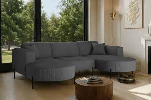 Kaiser Möbel Ecksofa Modena U Rein Poso Graphit - Grau - Elegantes Ecksofa mit robustem Nadelholzrahmen und hochwertigem Poso-Cordstoff für eine gemütliche Atmosphäre. Ideal für Haustierbesitzer, langlebig und pflegeleicht.