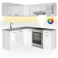 Vicco Winkelküche Rick, Weiß Hochglanz mit LED-Leisten - L-förmige Küchenzeile, flexibel konfigurierbar und mit viel Stauraum. Höhenverstellbare Füße sorgen für perfekte Anpassung, ideal für jede Küche.