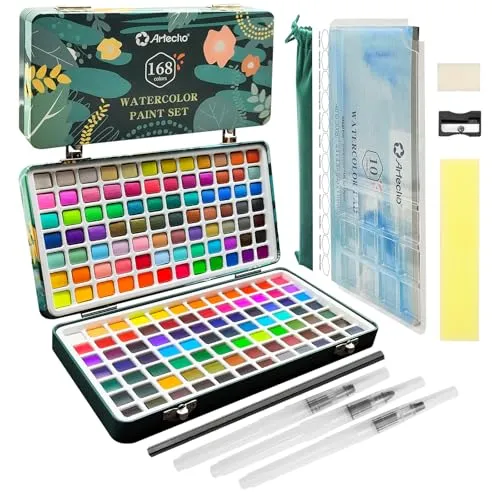 Artecho Aquarellfarben Set 168 Farben in Tragbarer Box - Vielfältiges Aquarellfarben Set mit 168 Farben, inklusive Pinsel und Aquarellpapier. Ideal für Künstler und Hobbymaler, perfekt für Reisen und kreative Projekte.