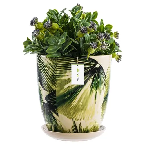 botle Blumentopf Rund Lange Keramik Ø 23 cm H 25,5 cm Cremig Grüne Blätter mit Rund Standfuß glänzendem modernem Finish handbemalt einzigartiges Muster, Sukkulenten Geranien Grünpflanzen