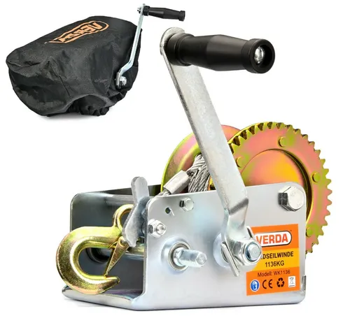 Handseilwinde WK1136 - 1136kg Zugkraft, 10m Seil - Seilwinden für Auto, Boot und Werkstatt mit 1136kg Zugkraft, inklusive Tasche und Sicherheits-Haken für vielseitige Anwendungen.