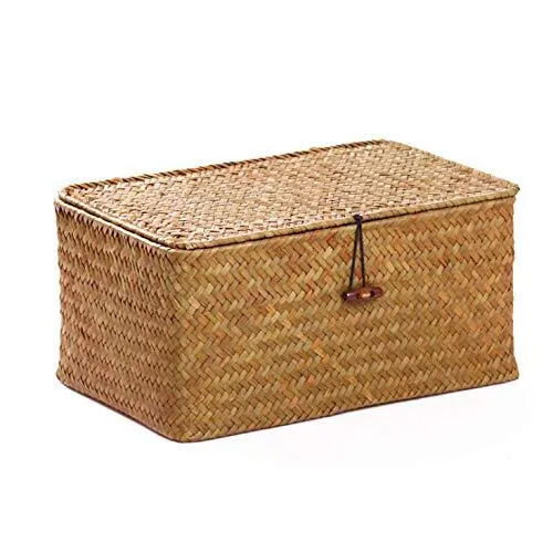 Rattankorb Aufbewahrungskorb aus Seegras mit Deckel Natürliches Material Klei...