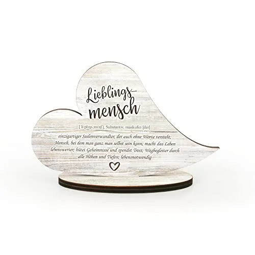 Kreative Feder Dekorativer HERZ-AUFSTELLER „Lieblingsmensch“- Holz-Deko mit Standfuß und Worterklärung wie aus dem Lexikon (Lieblingsmensch)