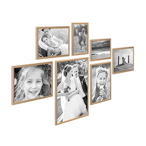 PHOTOLINI Alu-Bilderrahmen-Set Gold schmal, 7er Set - Modernes 7er Set Alu-Rahmen in edlem Gold, perfekt für Ihre Bilder. Mit bruchsicherem Acrylglas und einfachem Wechsel der Motive. Ideal zum Aufhängen oder Aufstellen und für jeden Wohnraum geeignet.