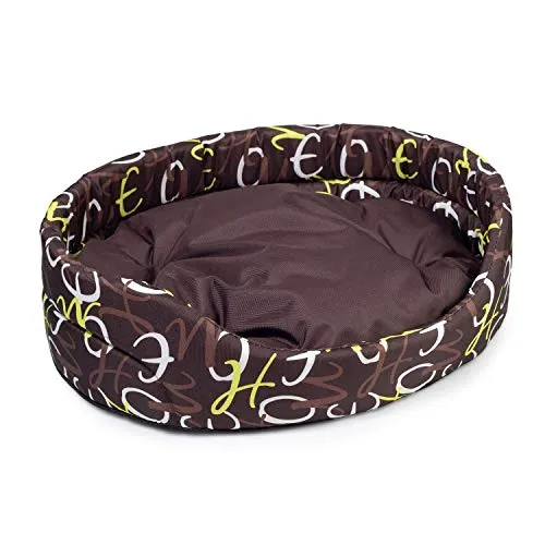 BOUTIQUE ZOO Hundebett | Oval Hundekissen für Hunde oder Katzen | Kratzfest Hundeliege mit Kissen | Hundekorb | Waschbar Polyester (S: 46 x 40 cm, Braun mit Muster)