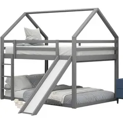 Modfu Etagenbett in Grau, 140x200 cm – Kreatives Kinderbett mit Rutsche - Verspieltes Etagenbett im Hausdesign für Kinderzimmer. Mit praktischer Rutsche und großzügigen Liegeflächen von 140x200 cm. Stabil und sicher, ideal für Geschwister oder Übernachtungsbesuch.