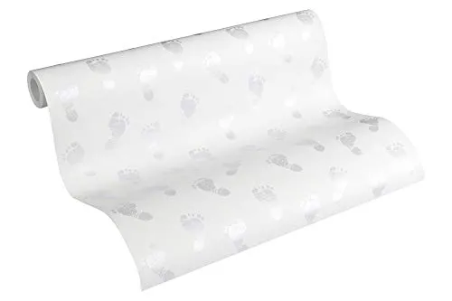 A.S. Création PVC-freie Vliestapete Little Stars Tapete mit niedlichen Baby Füßen 10,05 m x 0,53 m metallic weiß Made in Germany 358631 35863-1