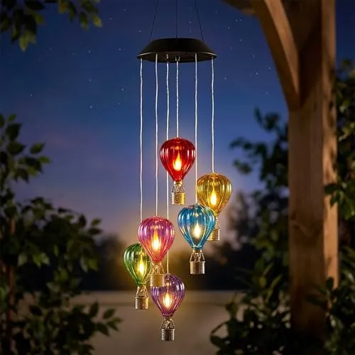 Solar Windspiel 6 Bunte Heißluftballons mit Flammeneffekt