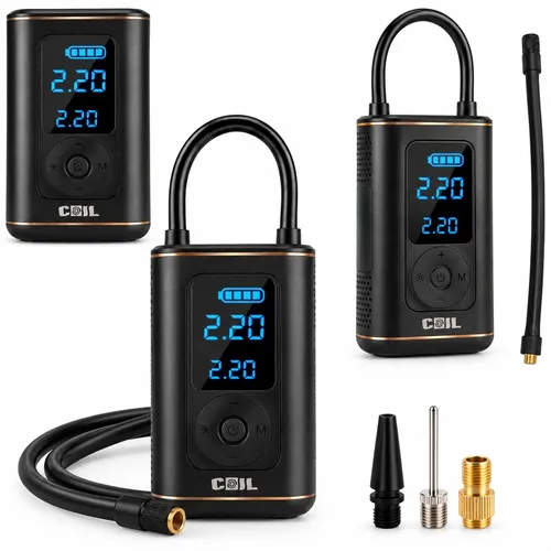 COIL Kabelloser Luftkompressor 150 PSI / 10 Bar – Elektrische Fahrrad- und Autoreifenpumpe mit LED-Licht, LCD-Display, 2000 mAh, 7,4V, USB-C-Aufladung