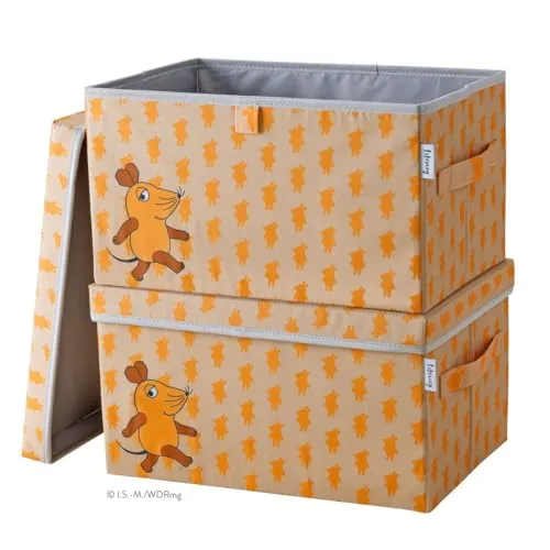 LIFENEY meets Die Maus – 2x Aufbewahrungsbox mit Streuprint - Truhen & Kisten für Kinder, robuste und stylische Boxen mit kultiger Maus, ideal für Spielzeugaufbewahrung – 37 x 25 x 21 cm in Apricot & Orange
