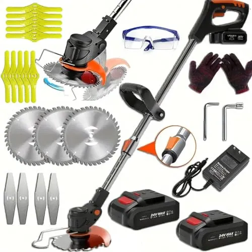 Akku-Rasentrimmer, batteriebetriebener Rasentrimmer mit 24 V, elektrischer Rasentrimmer ohne Kabel,mit 3 Arten von Klingen, 3 in 1 Verstellbarer Kopf und Teleskopgriff (Schwarz)