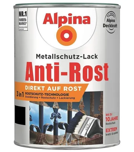 Alpina Metallschutzlack Anti-Rost Schwarz 750ml glänzend - Lacke mit bis zu 10 Jahren Rostschutz, TÜV-zertifiziert und ideal für Metalloberflächen. Direkt auf Rost anwendbar und schnell trocknend für eine effiziente Anwendung.