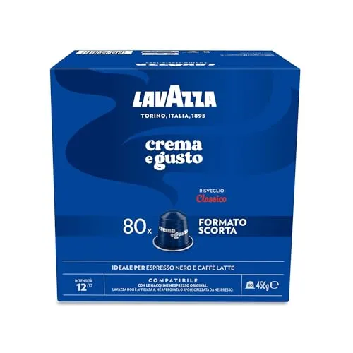 Lavazza, Crema e Gusto Classico, 80 Aluminiumkapseln kompatibel mit Nespresso* Original Maschinen, Noten von Gewürzen, Schokolade und Holz, Arabica&Robusta, Intensität 12/13, mittlere Röstung