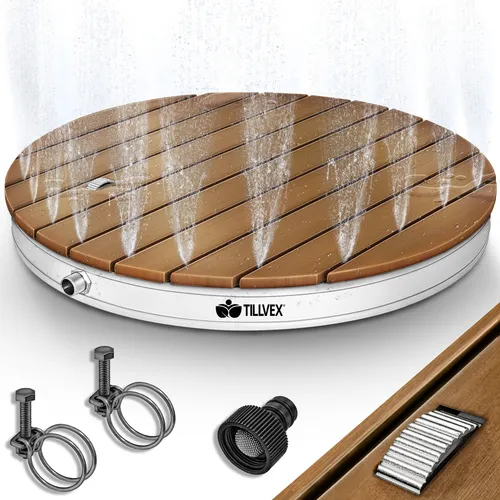 tillvex® Gartendusche rund outdoor bis 4 m Fontänenhöhe | Bodendusche mit Fußrad | Außendusche rutschfest | Saunadusche wetterfest | Campingdusche aus Aluminium/WPC/Holzoptik