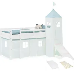 Hochbett 90x200 mit Rutsche und Vorhang - Betten & Bettgestelle – Hochbett für Kinder mit Lattenrost, Rutsche und Turm für ein abenteuerliches Schlafvergnügen.