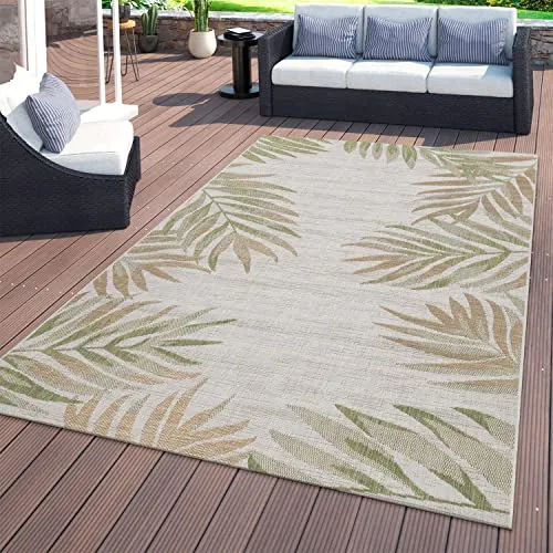 TT Home In- & Outdoorteppich Beige Grün Balkon Terrasse Palmen Muster Strapazierfähig, Größe:80x150 cm