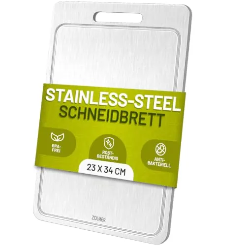 Leichtes Schneidebrett Edelstahl ohne Plastik 34x23cm mit Saftrille