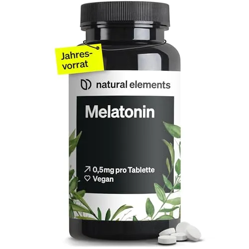 natural elements Melatonin – 365 Tabletten – 0,5mg Melatonin pro Tablette – hochdosiert – Ohne unerwünschte Zusätze – Laborgeprüft – Alternative zu Einschlafspray - 100% vegan