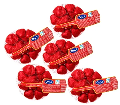 Only Schokoladenherzen - Herzen aus Milchschokolade - Geschenk zum Valentinstag, Geburtstag, Muttertag - Dekoration für das Candle Light Dinner - zart schmelzende Schokoherzen, 5x100g - FAIRTRADE