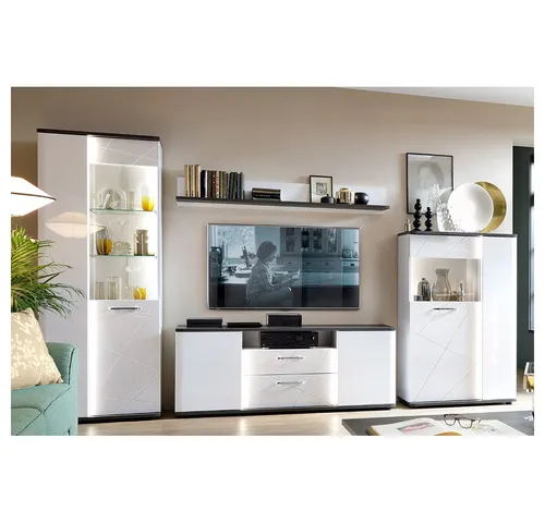 Lomadox Wohnzimmer-Set VISALIA-129 – 4-teilig, Weiß Hochglanz mit Eiche Schwarz - Modernes 4-teiliges Wohnzimmer-Set mit eleganter LED-Beleuchtung und Softclose-Funktion. Perfekt für eine stilvolle und individuelle Raumgestaltung.