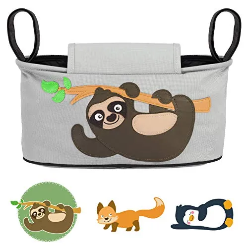 GLÜCKSWOLKE Kinderwagen Organizer - 12 Motive I Kinderwagentasche verschließbar I Kinder Buggy Tasche mit Feuchttuchspender I Baby Stroller Pram Bag I Aufbewahrungstasche (Fannie Faultier I grau)