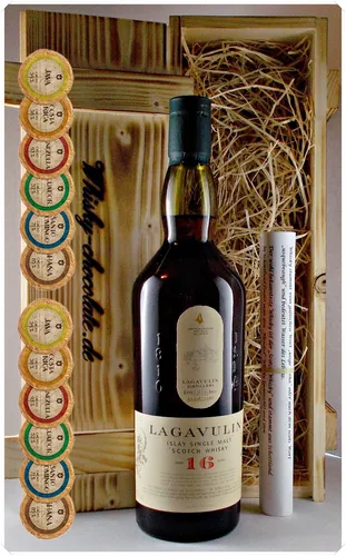 Lagavulin 16 Jahre Single Malt Whisky + 12 Edelschokoladen in Holzkiste Geschenk