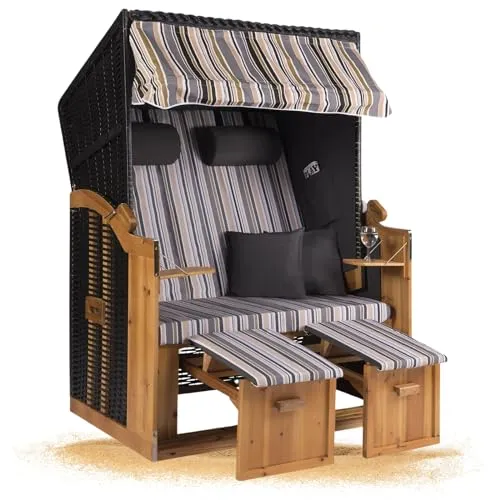 Strandkorb Hanse Strandkorb Ostsee XXL Volllieger Anthrazit - 2-Sitzer 120cm breit, ideal für Garten, Terrasse und Balkon (Oliv Grau Weiß Gestreift, Zerlegt)