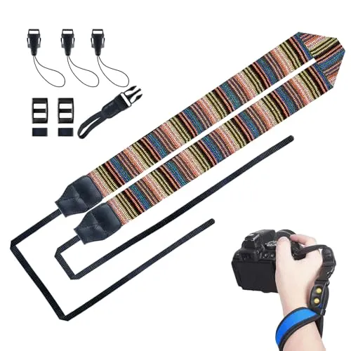 letuxaamz Kameragurt, Kamera Gurt Camera Strap, Verstellbares Set aus Schultergurt und Handschlaufe, Weich Strapazierfähig Universell Kompatibel für Fotografen und Reisen Farbig mit Blau