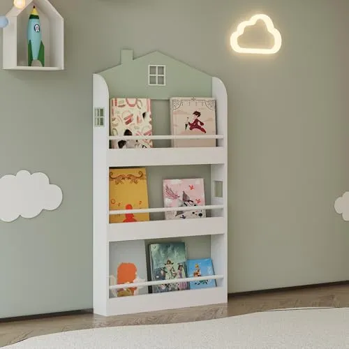 [en.casa] Kinder Bücherregal Vipsali - Hausförmiges Design für Kinder - Kinderzimmerregal in stilisierter Hausoptik mit 3 offenen Fächern für Bücher und Spielzeug; fördert selbstständiges Aufräumen und sorgt für Sicherheit durch abgerundete Kanten.