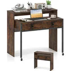 COSTWAY Schreibtisch ausziehbar, Kleiner Computertisch mit 2 Schubladen, Metallrahmen & Rollen, Bürotisch, Arbeitstisch, PC-Tisch 100x63x88 cm Natur - Naturbelassen