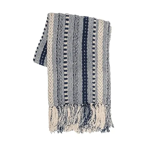 Geflochtene, gestreifte Überwurfdecke aus Baumwolle, 127 x 152 cm, weiche, gemütliche marineblaue Decke mit dekorativen Quasten für Sofa, Couch, Stuhl, Bett, Heimdekoration