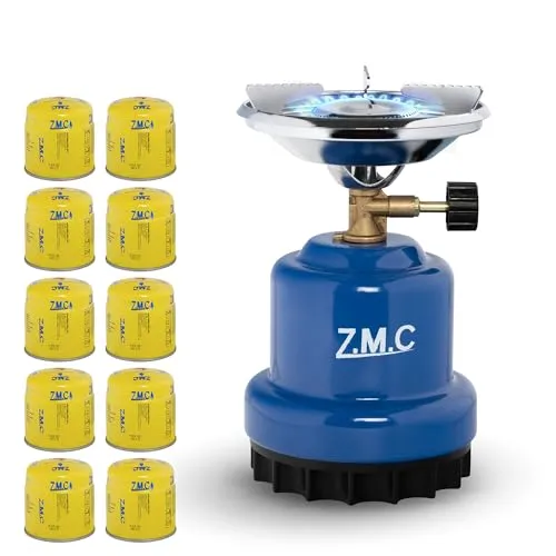 Z.M.C Campingkocher 1 flammig 1100 W + 10x Gaskartuschen 190 g, Gaskocher für Camping 13x20 cm, Kohlenanzünder, Mini Camping Gas Kocher, Anzünder für Camping, Festivals oder Wanderungen