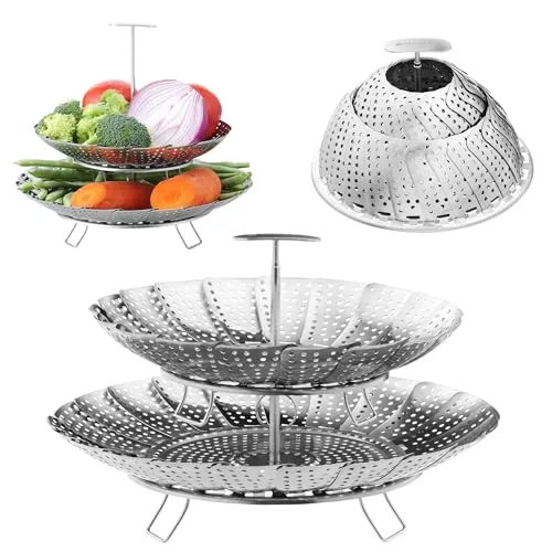 Navaris Gemüsedämpfer - 2-stufiger Multifunktions Dampfgarer Einsatz - Einfache Handhabung - Spülmaschinenfest - Edelstahl Dampfeinsatz für Topf - Kartoffeldämpfer