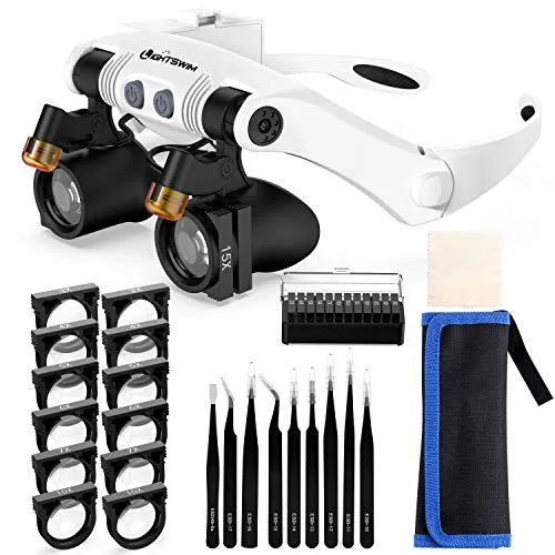 Lightswim Stirnbandlupe mit LED-Lichtern - Leselupen mit 21 verschiedenen Vergrößerungen und 2 superhellen LED-Lichtern, perfekt für Hobbys und präzise Arbeiten. Hands-free Design für bequemen Einsatz und optimale Sicht.